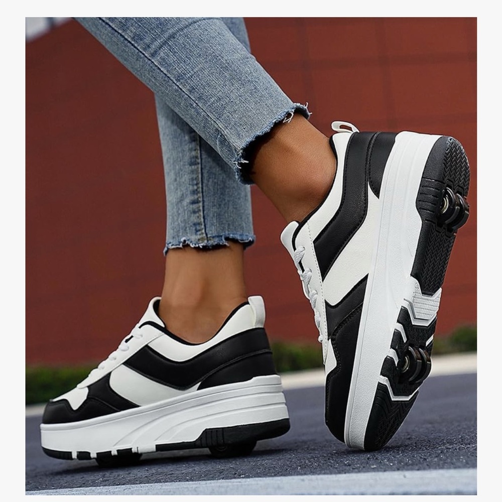 Big Kid Mens Roller Skate Shoes 8 Black and White Sneakers Detachable Wheels